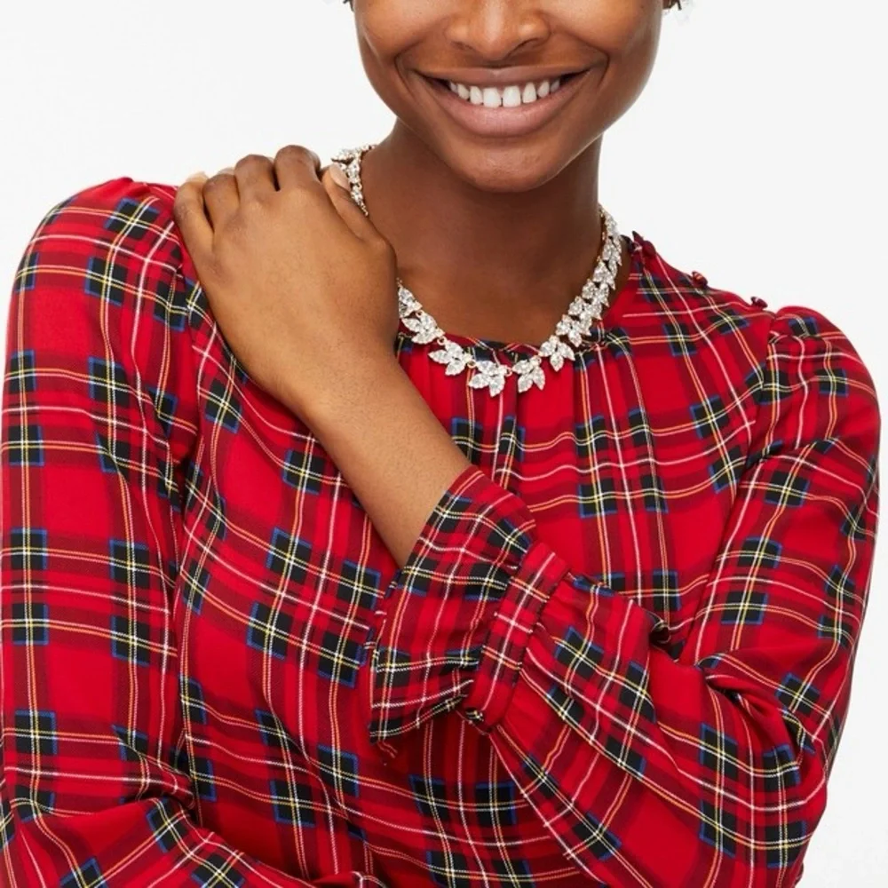 J. Crew | Women’s Red/Multi Tartan Plaid Crewneck Ruffle Sleeve Hems Top, Size S